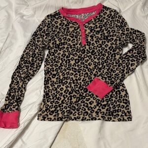 Faded Glory Leopard Print Long Sleeve Henley Tee - Hot Pink and Leopard